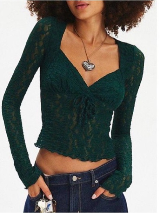 Altar'd State Tops - Altar'd State Emerald Green Lace Tie-Front Crop Top